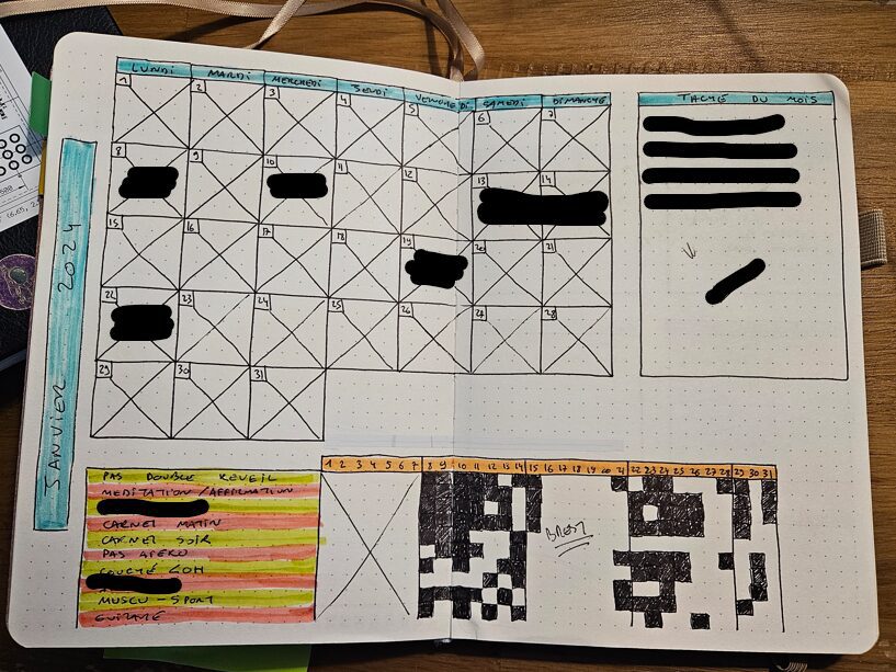 Double page de bullet journal pour janvier 2024 avec calendrier mensuel, liste de tâches et suivi d'habitudes