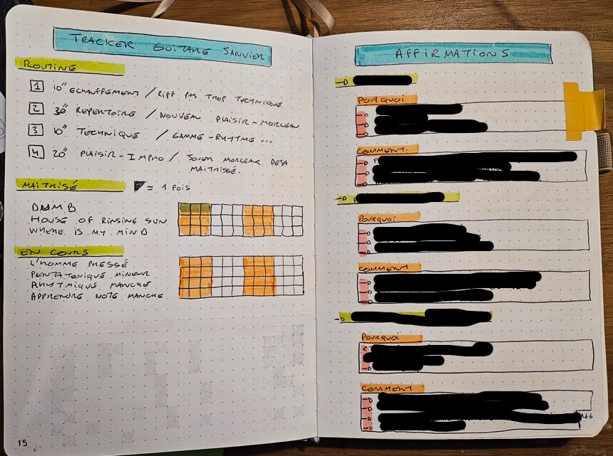 Page de journal intitulée « Tracker guitare janvier », montrant une routine d'entraînement et des grilles de suivi