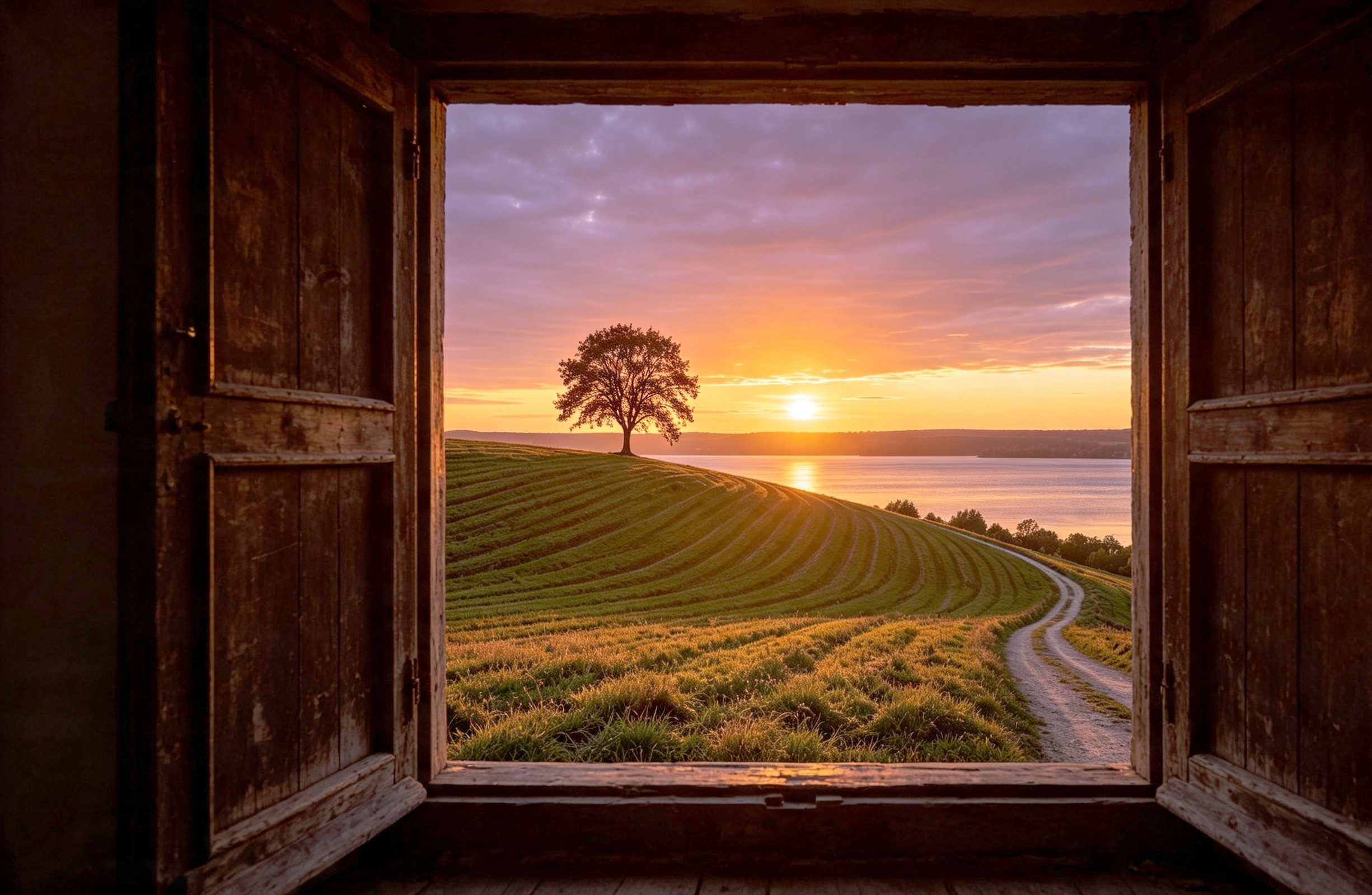 Vue depuis une fenêtre ouverte sur un arbre isolé au sommet d'une colline au coucher du soleil face à un lac